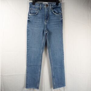Zara Womens Size 00 High Rise Straight Leg Raw Hem Jeans Blue Join Life Denim
